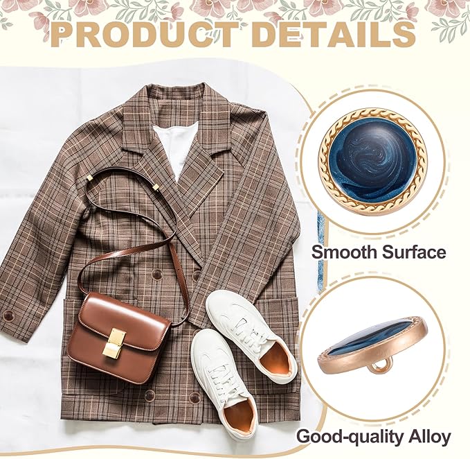 MECCANIXITY Metal Vintage Gold Button 20mm Round Metal Sewing Button Alloy Shank Replacement for Women's Suit Woolen Coat Shirt Dress Sewing Dark Blue Pack of 10