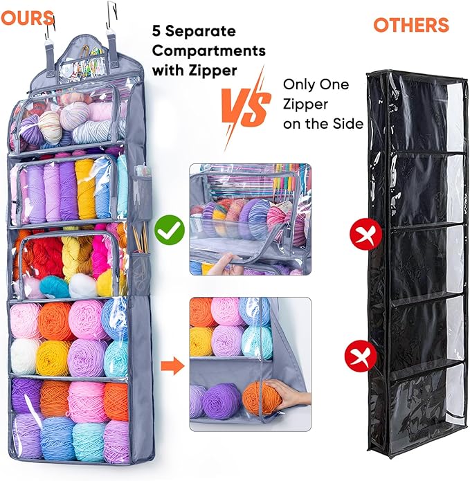 MYBAGZING Hanging Yarn Storage Organizer –Over-The-Door Crochet Organizer with Both Front and Side Zipper Closure -Large Capacity Clear Yarn Holder for Crochet Hooks, Knitting Needles & Accessories