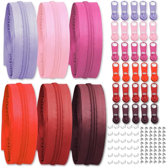 #3 Nylon Zipper Tape for Sewing: YZSFIRM 24 Yards Red Series by The Yard Nylon Coil Zippers for DIY Sewing Craft with 30 Bulk Metal Zipper Slider
