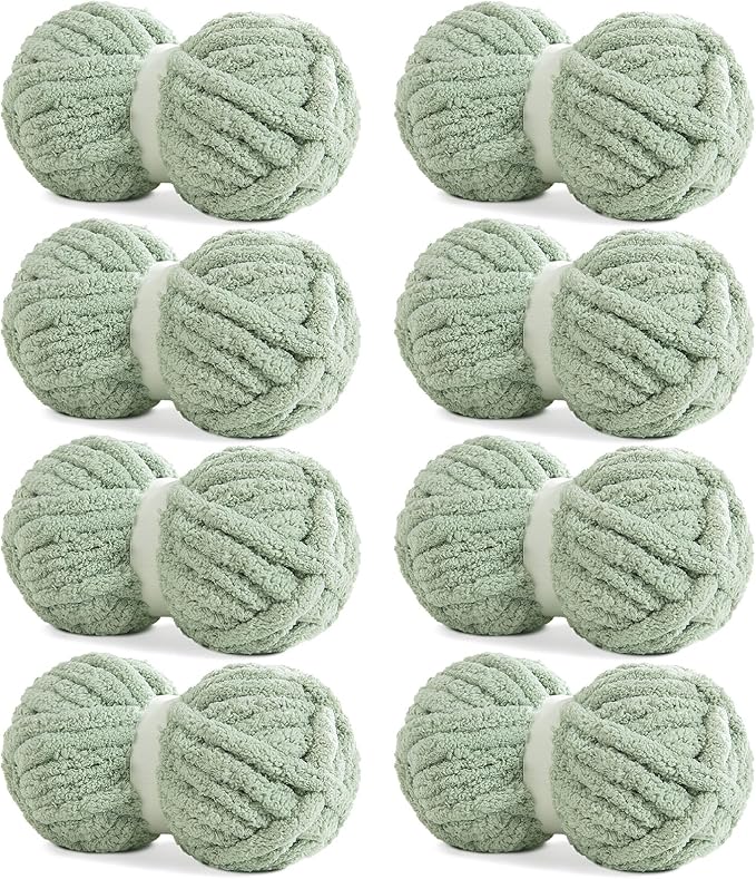 HOMBYS Sage Green Chunky Chenille Yarn for Hand Knitting,Fluffy Soft Jumbo Yarn Crocheting,Super Bulky Big Yarn for Chunky Blanket,Large Thick Arm Knitting Yarn,8 Pack Plush Yarn
