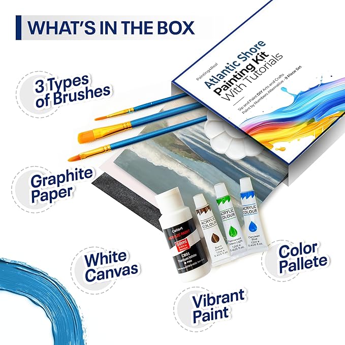 Painting4Real DIY Art Painting Kit for Adults – Learn to Paint Atlantic Coast with Video Tutorials – 9 Pieces Acrylic Paint Set for Adults –Perfect Christmas Crafts & Holiday Gifts for Art Lovers