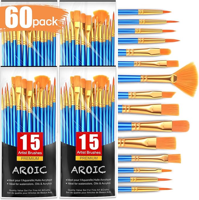 Acrylic Paint Brush Set, AROIC 60 pcs Nylon Hair Paint Brushes for All Purpose Oil Watercolor Face Body Rock Painting Artist, Small Paint Brush Kits for Kids Adult Drawing