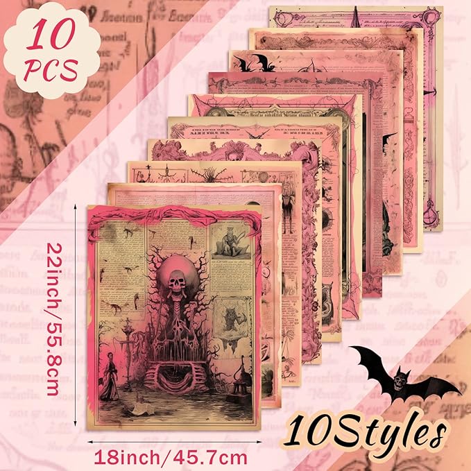 Hahafelt 10 Pcs 18 x 22 Inch Pink Halloween Quilting Fabric Vintage Halloween Pink Ghost Fat Quarters Precut Retro Bat Skeleton Eyes Fabric Squares for Holiday Sewing DIY Handmade Craft