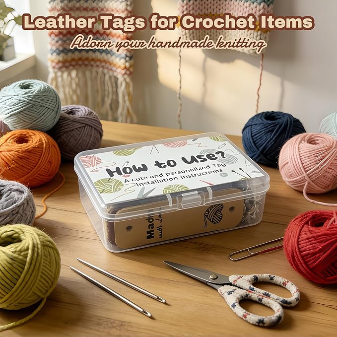 24pcs Crochet Tags for Handmade Items Made with Love Leather Tags for Crochet Items, Knitting Accessories with Rivets, Suitable for Scarves Hats Gloves, Gifts for Crocheters (Layout A)