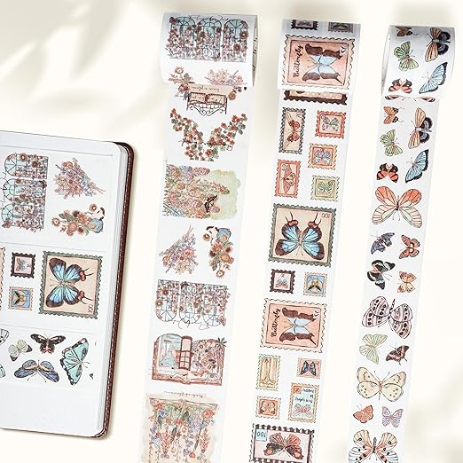 WT Stamped Wings Washi Tape Sticker Set – 3 Rolls Decorative Butterfly & Wing Washi Sticker Tape, Vintage Adhesive Tape for Journaling, Scrapbooking, Planner, DIY Crafts & Wrapping (40mm, 50mm, 60mm)