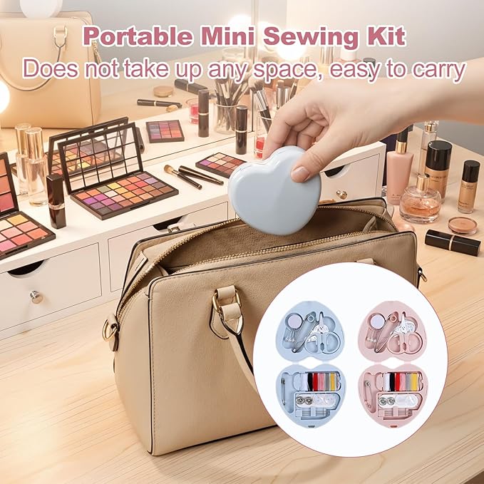 Grevosea 2 Pack Mini Travel Sewing Kit, Heart Shaped Portable Travel Sewing Repair Mini Box Beginner Emergency Repair Kit with Threads Scissors DIY Hand Sewings Needles Blue Pink