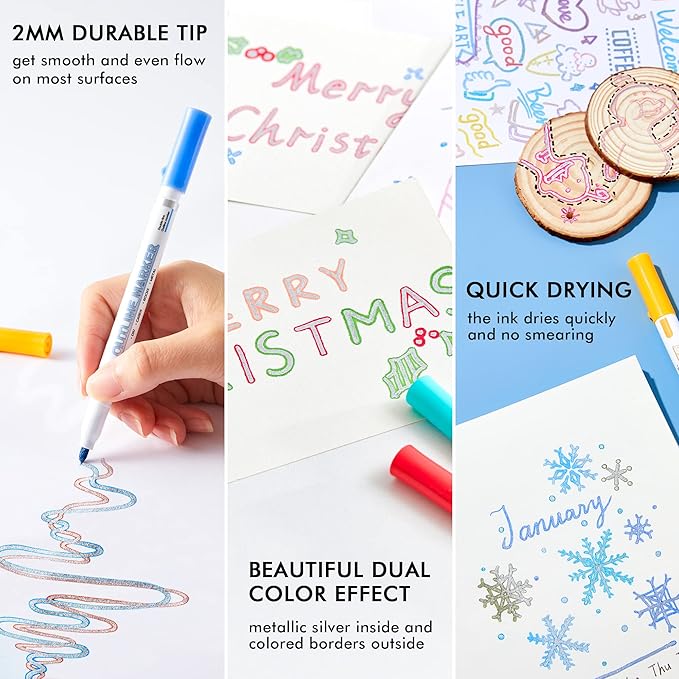 Shuttle Art Double Line Outline Permanent Markers, 28 Colors Squiggles Shimmer Markers Set, Self Outline Metallic Marker Pens for Art, Drawing, Doodling, Card Making, Christmas Card, DIY Crafts