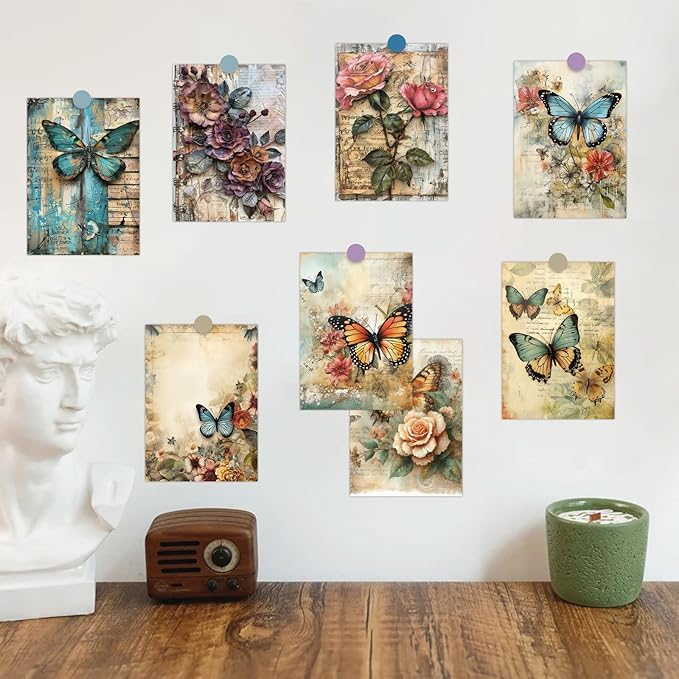 16 Sheets Scrapbook Paper, Vintage Decorative Scrapbook Supplies for Junk Journal Card Making Picture Art Collage DIY 4.1x5.8 inches, Butterfly theme