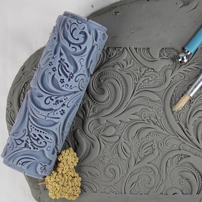 Paisley Swirls Clay Texture Roller (4") - Seamless Set #01 - Embossing Pattern Roller for Polymer & Ceramic Clay, Pottery & Crafts