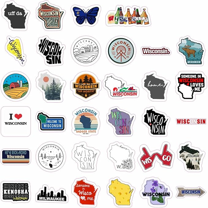 BulbaCraft Wisconsin Stickers for Water Bottle and Laptop - Wisconsin Party Supplies & Decorations, Waterproof Vinyl Decals, State Pride and Icon Stickers, Gifts for Women & Men