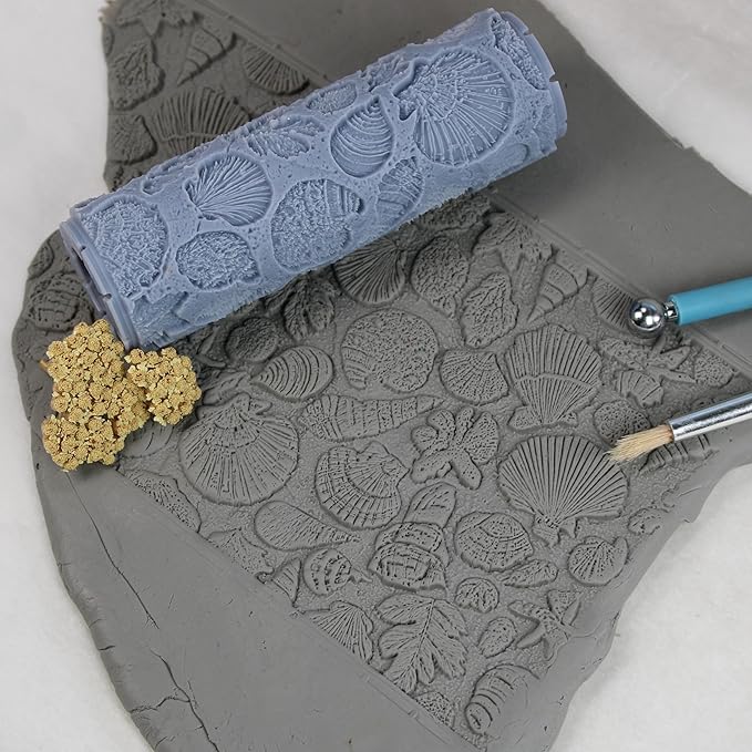 Tidal Shell Archive Clay Texture Roller (4") - Seamless Ocean Set #01 - Embossing Pattern Roller for Polymer & Ceramic Clay, Pottery & Crafts