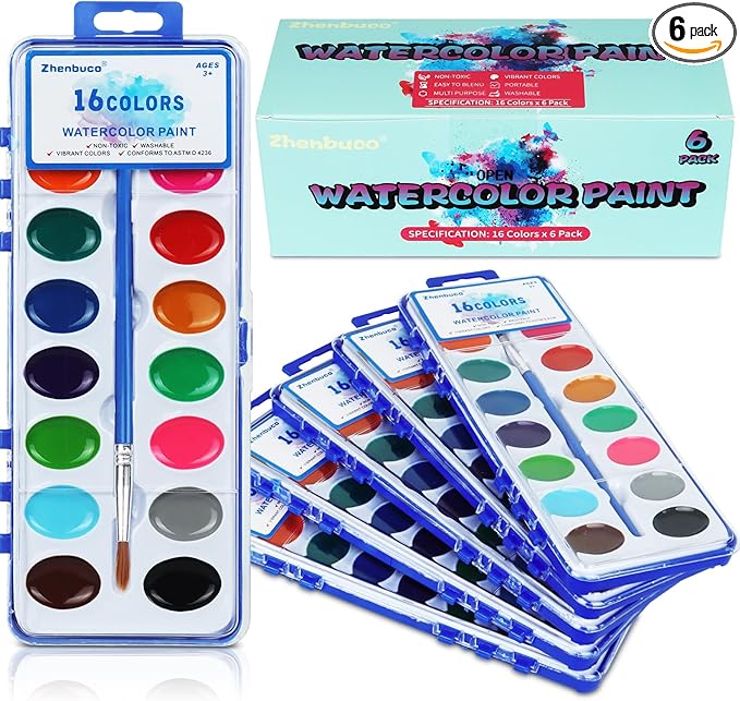 Watercolor Paint Set for Kids - Bulk Pack of 6, 16 Colors Washable Water Color Paints Sets with Paintbrush, Kids Watercolor Paint Set for Coloring, Art, Classrooms and Paint Supplies
