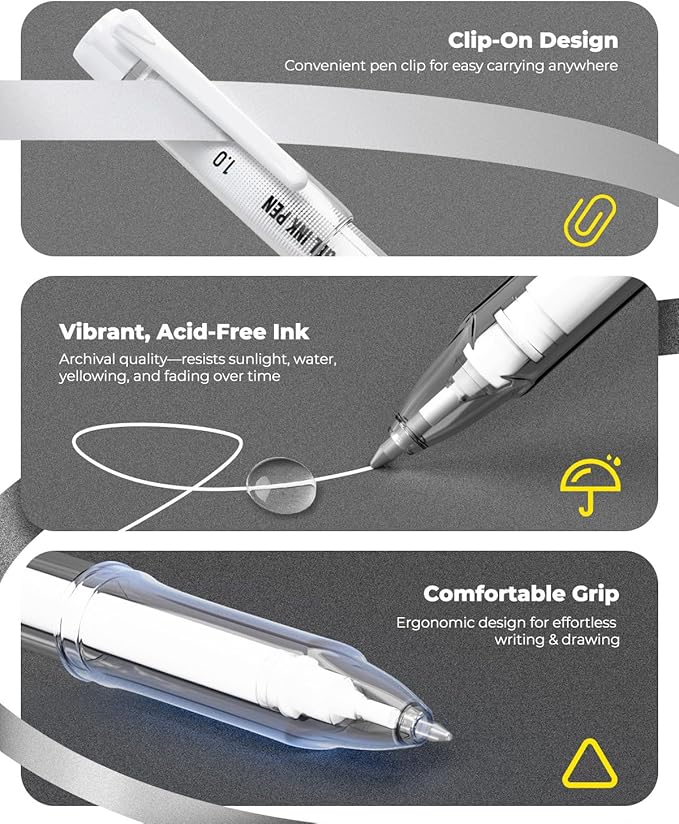 JusArt White Gel Pens with 0.4mm, 0.5mm & 1.0mm Assorted Tips, Opaque White Ink Pens for Black Paper, Drawing, Journaling & DIY Crafts, Ideal Drawing Pens for Artists & Art Supplies, 5 Pack