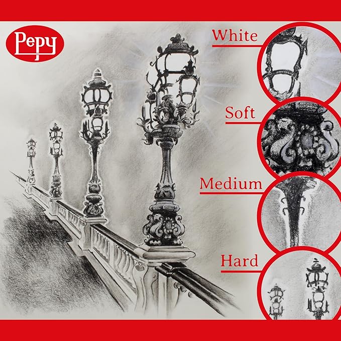 Pepy Professional Medium Charcoal Pencil Drawing Set – Set of 6 Pre-Sharpened Black Charcoal Pencils; Perfect for Drawing, Sketching, Blending and Shading