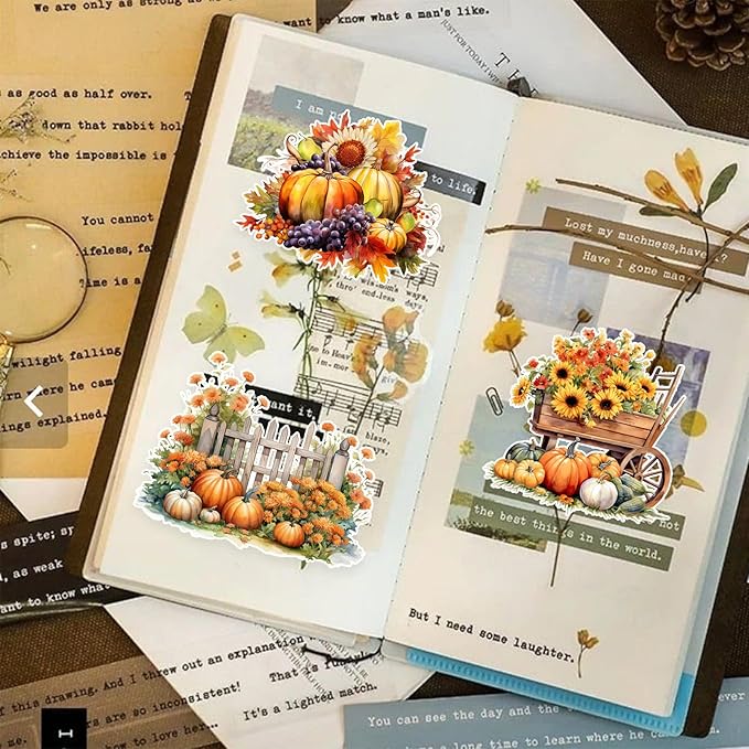 100 Pcs Thanksgiving Fall Stickers, Yellow Autumn Pumpkin Stickers for Teens Adults, Cottagecore Sticker Farm Sticker for Water Bottles Scrapbook Junk Journal Collage