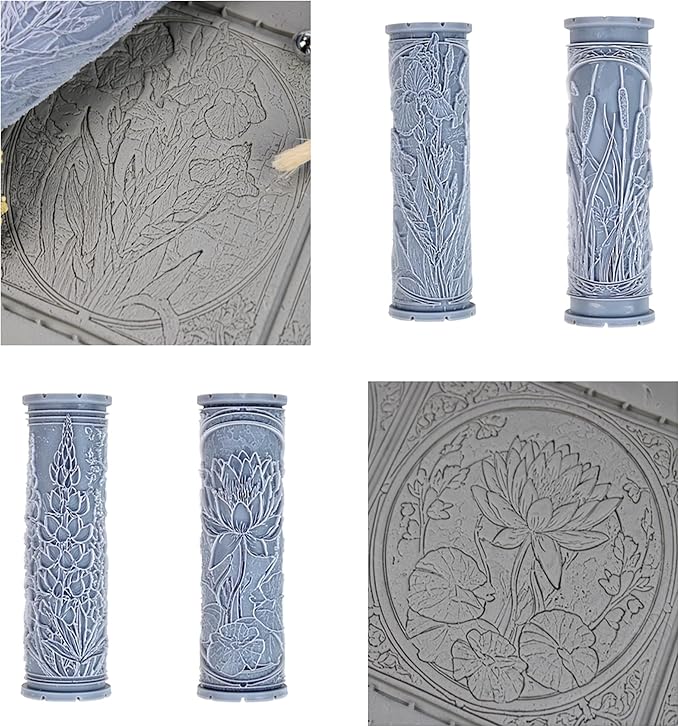 Water’s Edge 4-Pack Clay Texture Rollers (4") - Flower Set #02 - Embossing Pattern Rollers for Polymer & Ceramic Clay, Pottery & Crafts