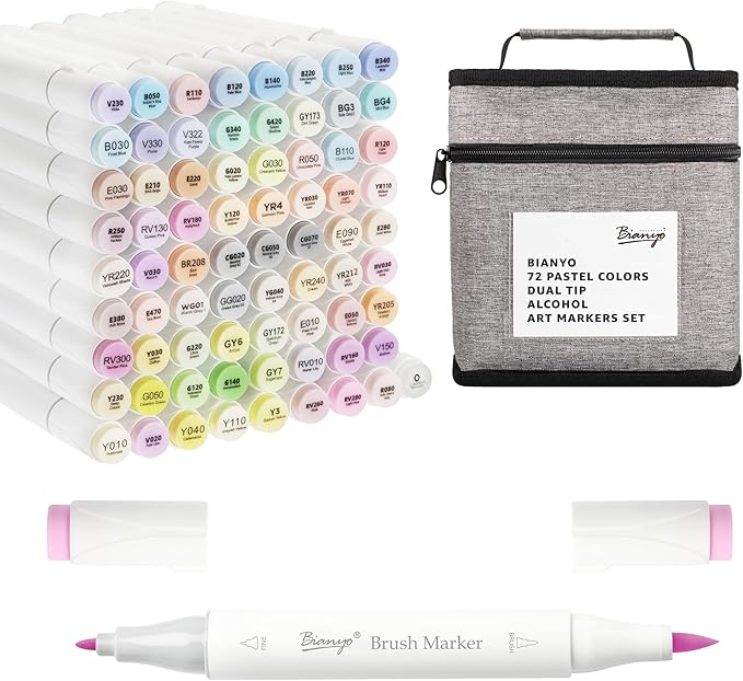 Bianyo 72 Pastel Colors Alcohol Markers Set, Dual Tip Brush & Fine Alcohol-Based Art Markers for Artists, Adults, Comics, Coloring, Drawing, Sketching, Illustration with Storage Bag