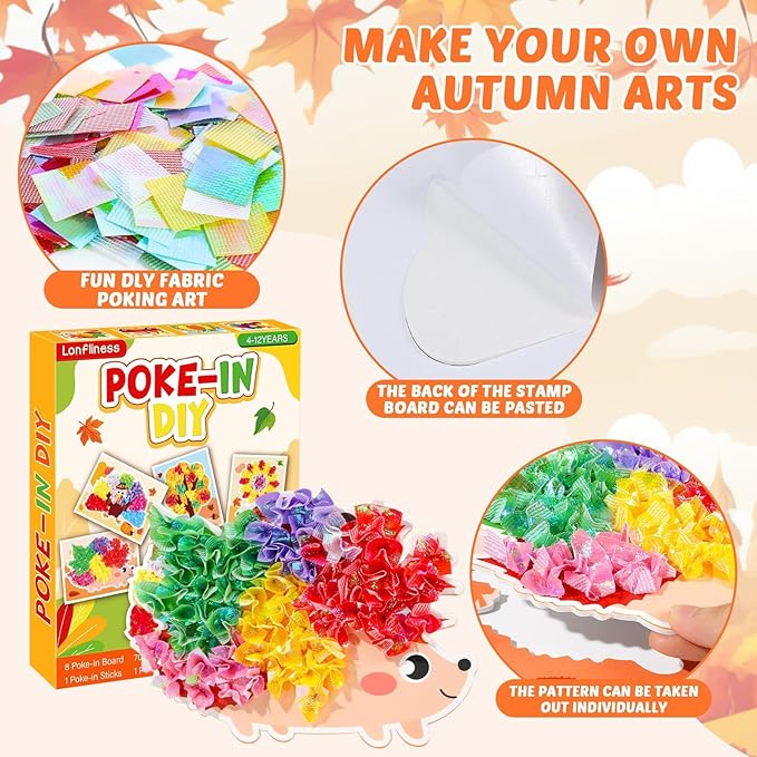 8PCS Poke-in Craft Art Kit Fall Thanksgiving No-Mess Fabric Sewing Puzzle Puncture Painting DIY Turkey Pumpkin Fall Harvest Toy Gift Creative Activity Game Birthday Party