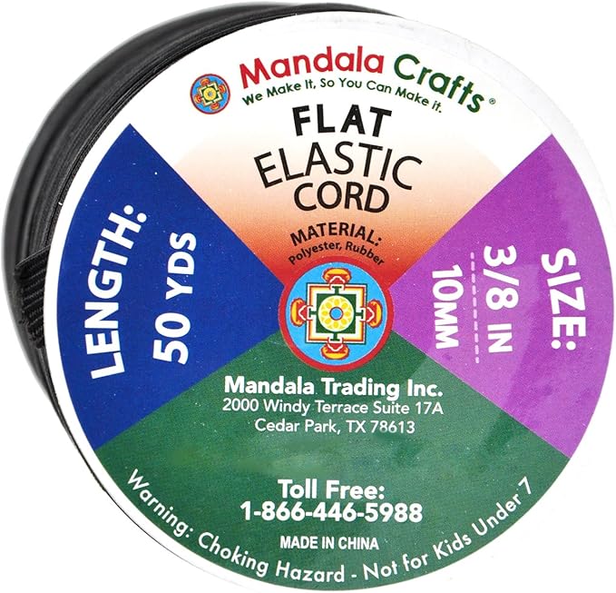 Mandala Crafts 10mm 50 Yds Roll of Black Elastic Bands for Sewing - 3/8 Flat Elastics Cord - 3 8 Inch Braided Stretch Straps for Crafting
