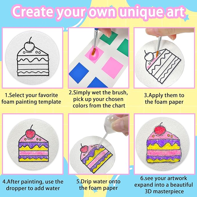 Zariocy Magic Foam Texture Painting Kit - Including 24 Pcs Foam Texture Paper, 2 Dropper, 3 Brushes & 12 Color Cards, 3D Magic Puffy Paint Kit, DIY Crafts | Art for Craft Lovers