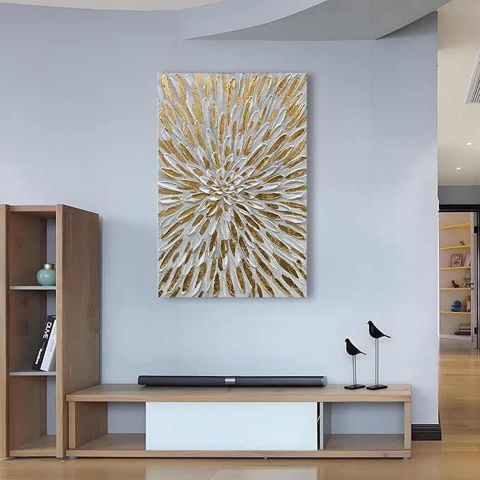 Art Hand-Painted Gold Texture Oil Painting White Flowers Modern Abstract Art Painting 45x30 inch Home Wall Decorative Art