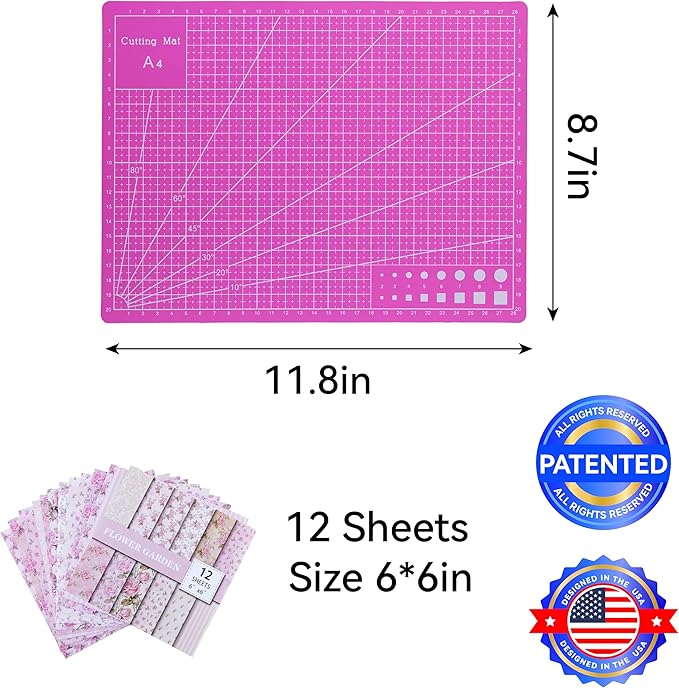 Self Healing Cutting Mat 12x9 inch A4 Size, Double-Sided Grid & Non-Slip Surface for Rotary Cutting, Sewing, Quilting, Craft with 12 Bonus Papers - Pink