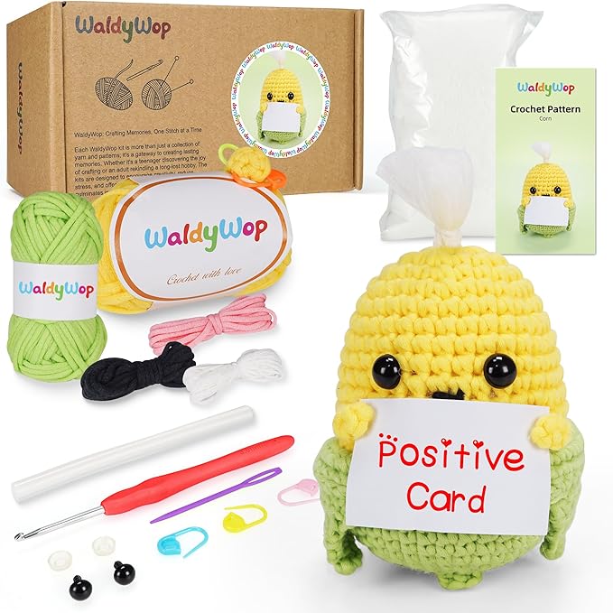 WaldyWop Wobbles Crochet Kit for Beginners: Christmas Gifts for Teen Girls Women w/Positive Card - Craft Kits for Kids & Adults w/Soft Yarn, Step-by-Step Video Tutorials, Corn Crochet Pattern