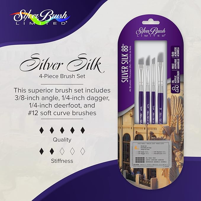 Silver Brush Limited SK-8109S Silver Silk 88 Stroke Set, Premium Paintbrushes for Acrylic, Watercolor, Gouache, Inks, & Dyes, Set of 4, Angle, Dagger, Deerfoot, and Soft Curve Brushes, Short Handle