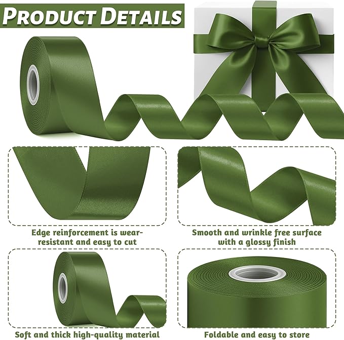 Fullive Army Green Christmas Ribbon, 1 1/2 Inch 30 Yards Ribbons for Crafts, Polyester Satin Ribbon for Gift Wrapping for St. Patrick's Day Christmas Decorations Wrapping Bouquet Floral Arrangements