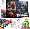 Adult Coloring Book for Women Relaxation, Spiral Bound Mindfulness Coloring Book with 24 Colors Markers for Adult, Anxiety Relief Gifts with 48 Pictures (Butterfly & Pumpkin House)