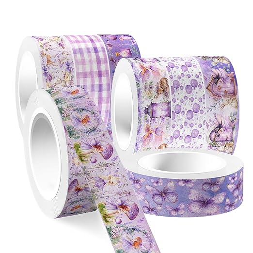 12 Rolls of Fairy Washi Tape, Purple Decorative Tape Masking Tape for Note Taking Supplies, Scrapbooking, DIY Crafts, Gift Wrap for Birthday Wedding Baby Shower Party Supplies