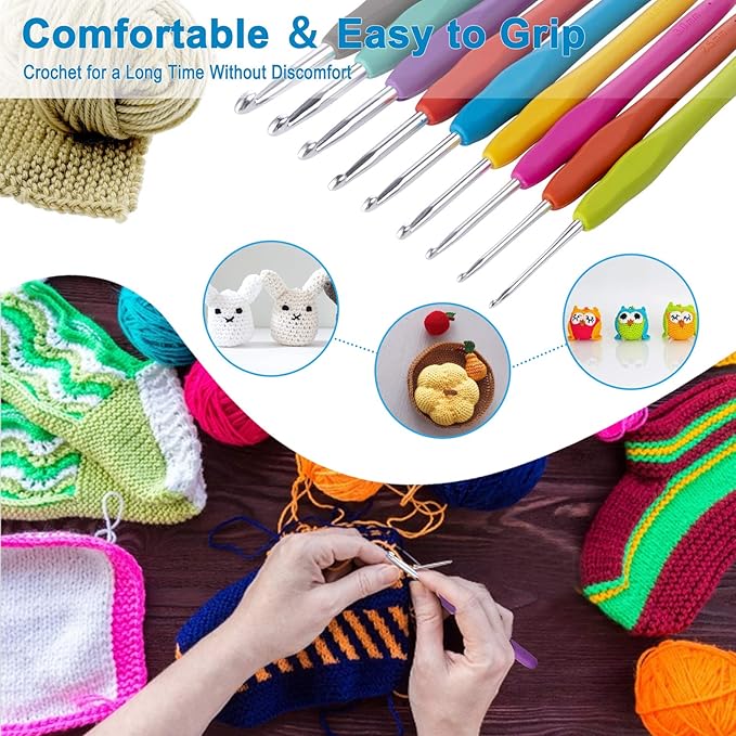 Vodiye 23 PCS Crochet Hooks, Ergonomic Handle Crochet Hooks Set for Arthritic Hands, Comfortable Smooth Crochet Needles Extra Long  Knitting Needles with Stitch Markers, Rubber, Multicolor