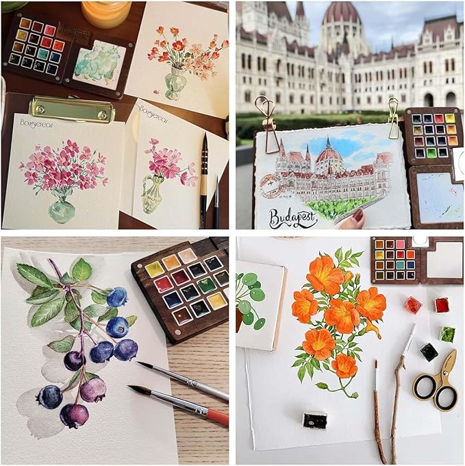 Mini Paint Palette Travel Kit - Mini Travel Watercolor Palette Set, Pocket Artist Water Color Travel Set with Colours, Binder Clips, Watercolor Pens, Wooden Paint Box for Painters Artists Students