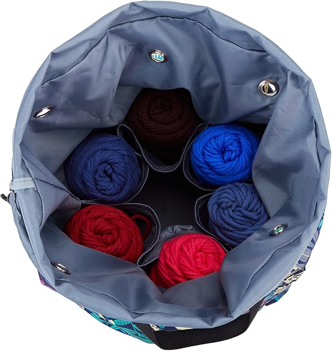 HOMEST Large Crochet Bag with Customized Front Compartment for Knitting Accessories, Yarn Storage with 6 Oversized Grommets, Tote Organizer with Drawstring Closure, Floral