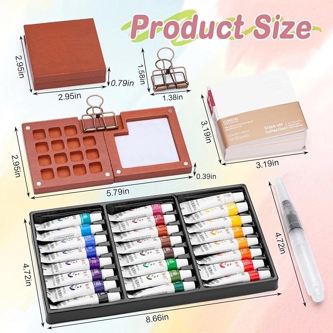Mini Watercolor Paint Set, Tiny Mini Paint Palette Travel Kit, Portable Pocket Artist Water Color Travel Set with 24 Colours, Sketchbook, Watercolor Pen, 15 Grid Paint Box For Painters and Artists