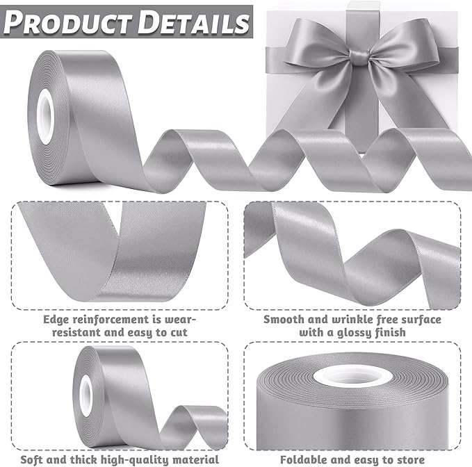 Fullive 1 1/2 Inch Ribbons for Crafts, 30 Yards Gray Ribbon for Gift Wrapping, Polyester Solid Satin Ribbon for Flower Bouquet for Birthday Holiday Decorations DIY Hair Bows Floral Arrangements