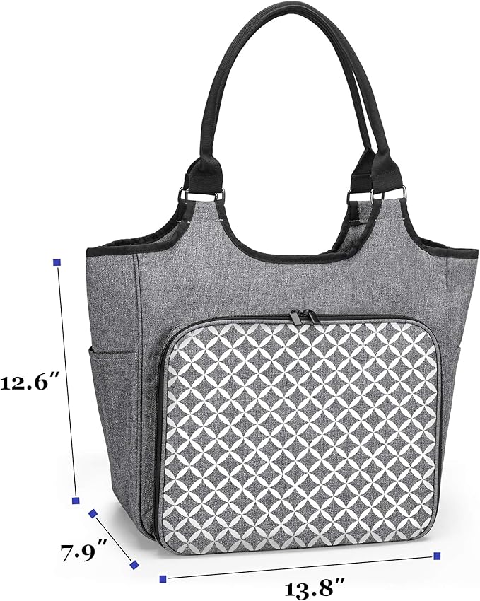 YARWO Knitting Tote Bag, Yarn Storage Organizer for Yarn Skeins, Knitting Needles, Crochet Hooks and Knitting Projects, Christmas & New Beginnings Gifts for Women, Gray with Grid (Patent Pending)