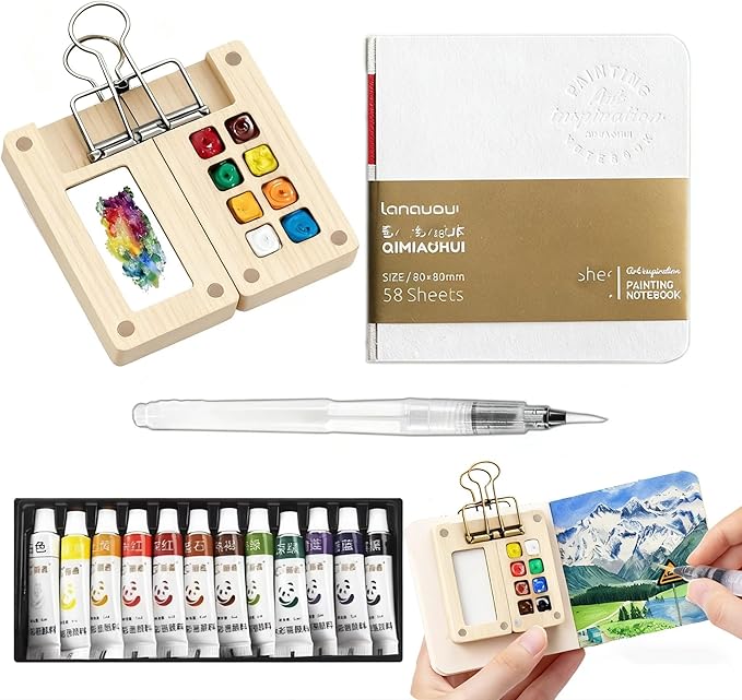 Mini Travel Watercolor Set Pocket Artist Watercolor Travel Set Grid Palette Box Sketch Book Brush Pens With Binder Clips For Painters Artists Students (bamboo, 8 Grids)