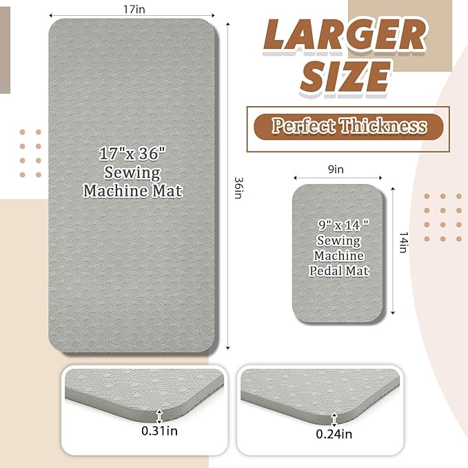 2 Pcs Sewing Machine Muffling Mat Pedal Sewing Mat Reduce Vibrations Noise No Slip Machine Accessories for Quilting (17'' X 36'' and 9'' X 14'',Gray)