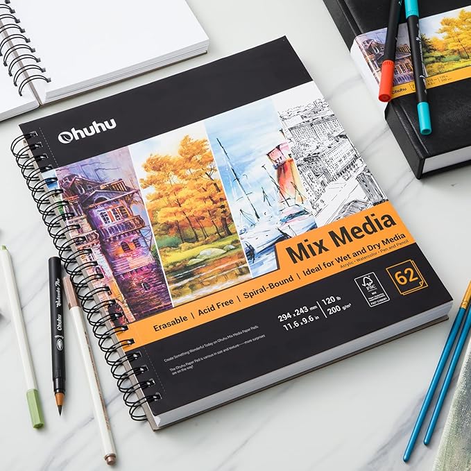 Ohuhu Mix Media Pad, 11.6"x9.6" Mixed Media Art Sketchbook, 120 lb/200 gsm Heavyweight Papers, 62 Sheets/124 Pages, Spiral Bound Mixed Media Paper Pad for Acrylic, Painting Christmas Gift