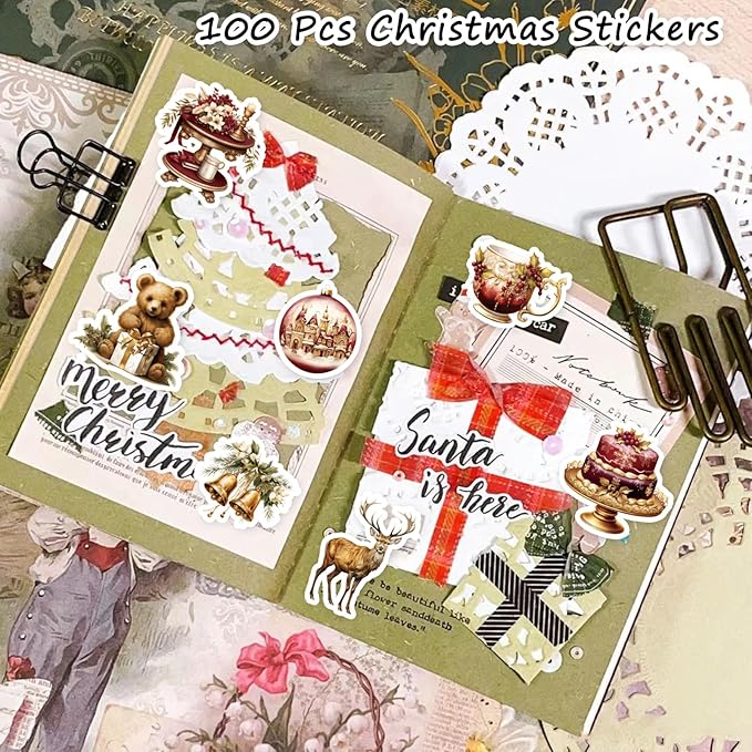 100 Pcs Vintage Christmas Stickers.Waterproof Santa Stickers for Scrapbook Junk Journal Collage DIY Crafts,Vinyl Winter Holiday Stickers for Water Bottles Laptops,Phone Case