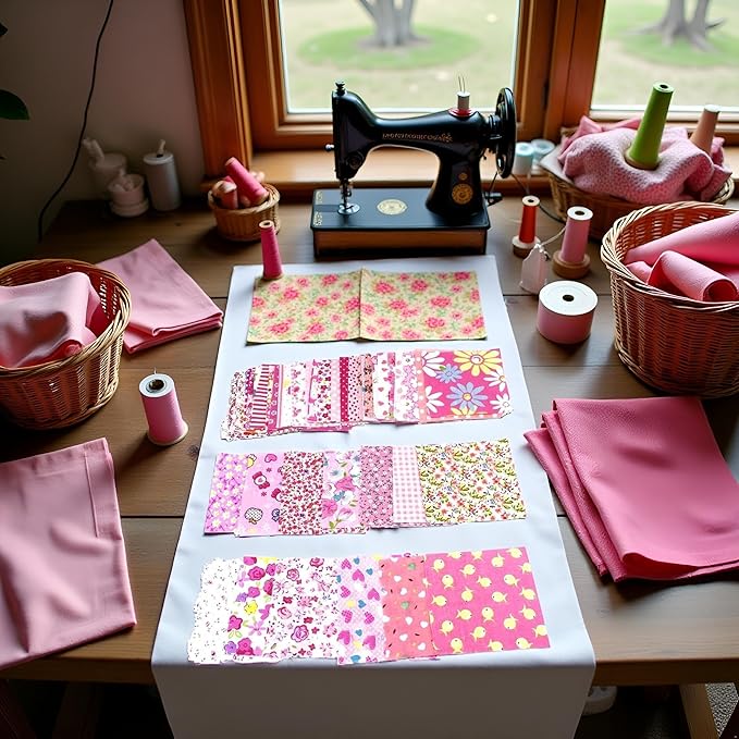 50Pcs 4" x 4" Cotton Craft Fabric Vintage Cotton Fabric Bundle Printed Floral Patchwork Plain Cloth Floral Precut Fabrics for DIY Art Sewing Quilting Scrapbooking (Pink)