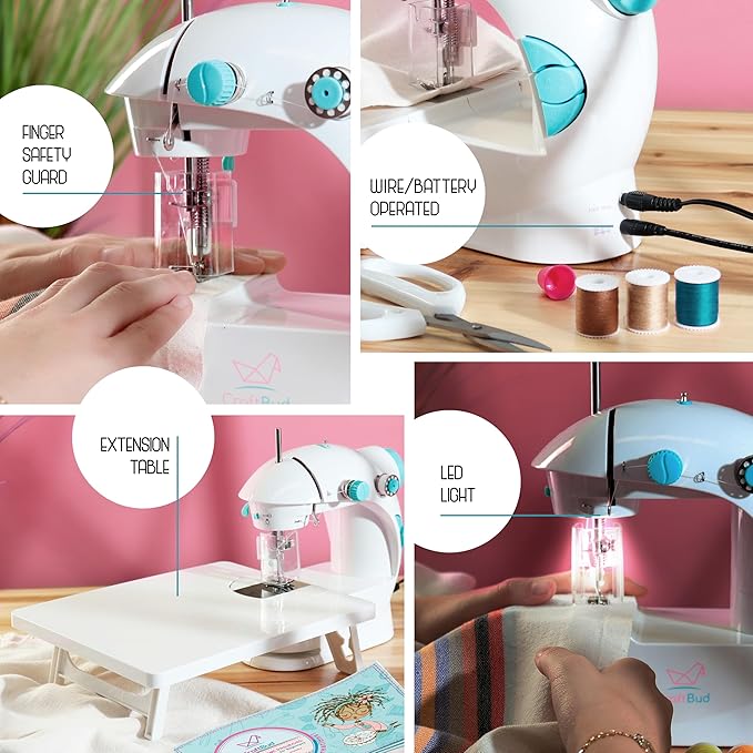 CraftBud Mini Sewing Machine for Beginners, Dual Speed Small Portable Sewing Machine for Kids and Adults with Extension Table, 48 Piece Gift Set Includes, Pedal, Projects Book, Light and More, White
