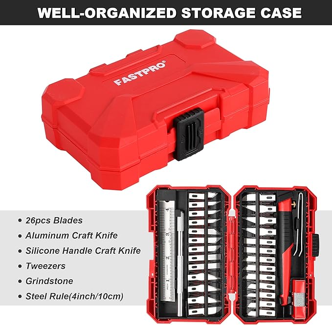 FASTPRO 31-Piece Precision Hobby Knife Set, Craft Knives with 26pcs Blades, Exacto Knife Set Included Tweezers, Grindstone, Steel Ruler and Storage Case, for Art Work, Scrapbooking, Stencil, Modeling