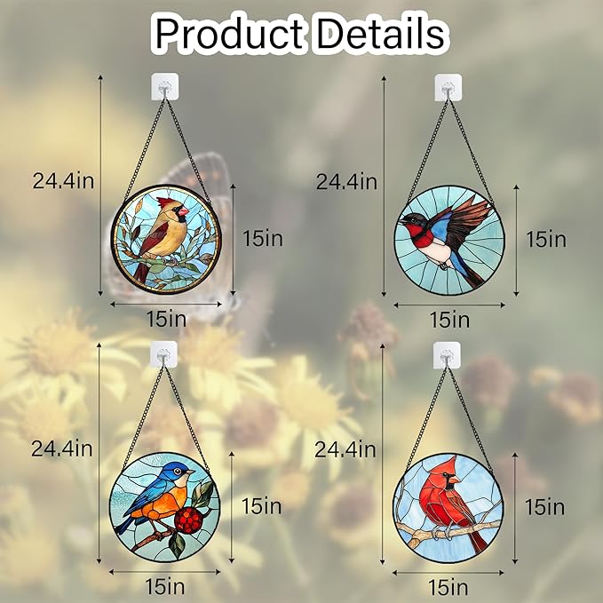 Stained Glass Window Hanging 4 Pcs Set Cardinal Blue Birds Large 15" - Suncatcher Door Garden Sun Catcher Decor Birthday Mother's Day for Bird Lovers Men Woman Nana Friend