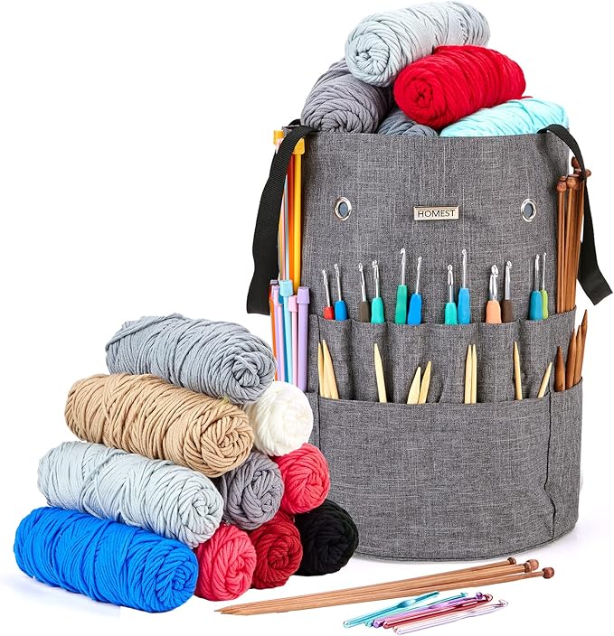 HOMEST Large Crochet Bag with Customized Front Compartment for Knitting Accessories, Yarn Storage with 6 Oversized Grommets, Tote Organizer with Drawstring Closure, Gray