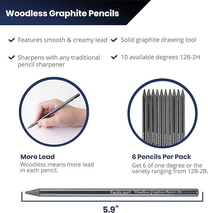 Pacific Arc Woodless Graphite Pencil 6 Pack Set, 4B, for Sketching, Drawing, Coloring and Art