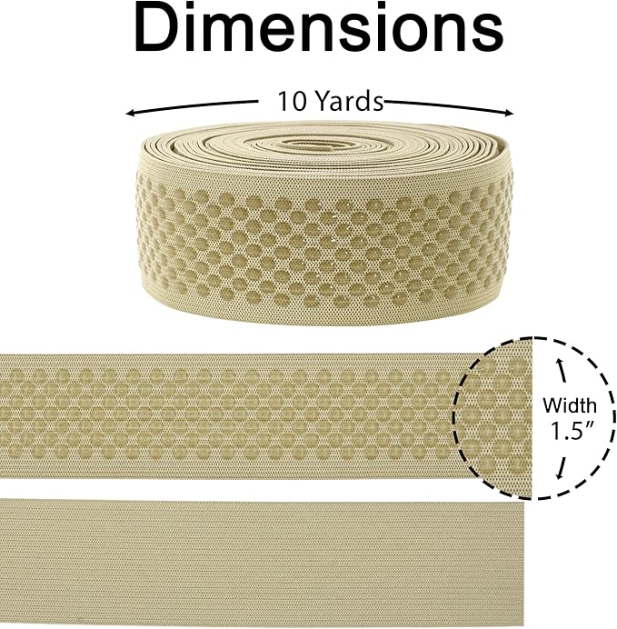 Mandala Crafts 1.5 Inch Elastic Silicone Gripper Tape for Clothing - 10 Yds Dotted Non Slip Elastic Band for Sewing - Beige Silicone Flat Fabric Stretchy Ribbon Straps