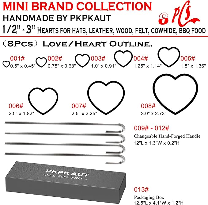 8Pcs Mini 1/2"-3" Branding Irons, Love/Heart Outlines Custom Wood Branding Iron Personalized for Wood Working, Leather Hats, Felt, Cowhide, BBQ & Bread Logo, Steak Branding Iron for Food