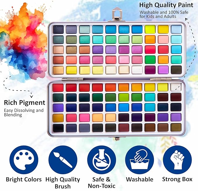 Professional Watercolor Paint Set – 100 Colors Including Metallic, Neon & Candy Shades, Complete Travel Art Kit with Premium Brushes, Palette, Velvet Bag & Accessories